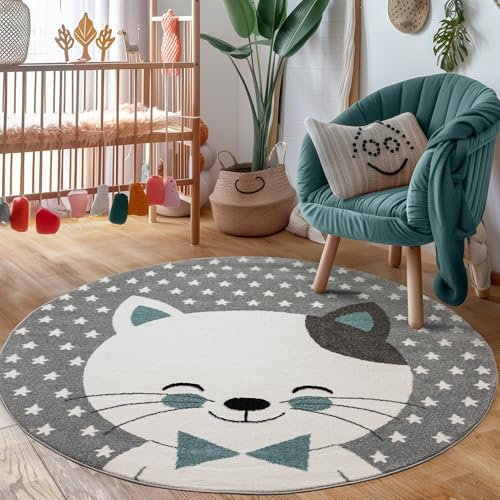 Carpettex Kinderteppich Katze Design Blau 160 cm Rund - Kurzflor Teppich Kinderzimmer für Mädchen und Jungen Pflegeleicht Weich - Waschbarer Spielteppich Babyteppich Gaming Teppich Babyzimmer