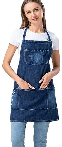 Jowcud Delantal de mezclilla con 5 bolsillos para cocinar, delantales de estilista para mujeres y hombres, delantal de mezclilla ajustable para manualidades, jardinería, cafeterías, bares, trabajo