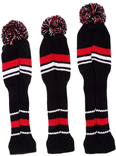 Copritesta per mazze da golf, in maglia, stile retrò, vintage, a righe, con pompon, classiche, ibride, con etichette intercambiabili, 3 pezzi (rosso)