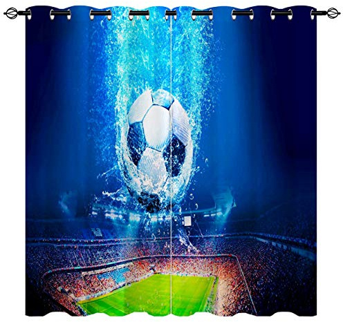 YUANZU Football Theme Curtains, Blue Sea Bottom Soccer Sports Field 3D Patterns Eyelet Thermal Insulated Printed Curtains for Kids Bedroom Playroom, Set of 2 Panels W75cm (29.5) x D166cm (65)