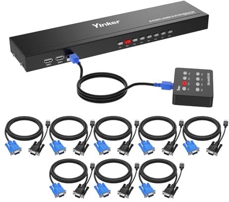 Yinker VGA KVM 8 Ports, USB Rackmount + 8 Câbles + 4 Concentrateurs USB + Sélecteur de Bureau Filaire + Oreilles de Montage en Rack
