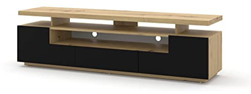 BIM Furniture Meuble TV bas Eva, 180 cm, double plateau de table, commode HiFi, (chêne artisanal/noir mat avec éclairage)