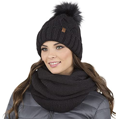 VIVISENCE Damen Bommelmütze Und Loop-Schal Mit Bommel Ideal Für Wintertage 7014, Schwarz,Einheitsgröße