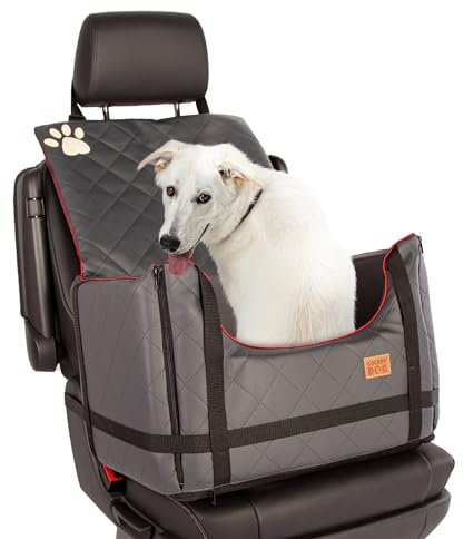 Golden Dog - Transportbox Hund mit Sicherheitsgurt M-52x44x33 cm - Leder Imitation Autositz Hund, Wasserdicht Hundesitz Auto - Beifahrersitz Hundebox Faltbar - Anschnallgurt Hundekorb Auto, Grau