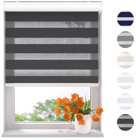 Radeco® Doppelrollo mit Kassette 170 x 175 cm (BxH) schwarz, Blickdicht oder Transparent, ohne Bohren möglich, doppelrollo wandmontage, Duo Rollo, doppelrollo 170 cm breit
