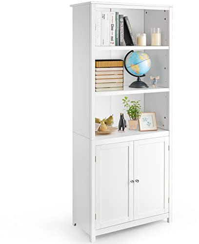COSTWAY Wooden Storage Cabinet, Floor Standing Cupboard Tall Sideboard with 3-Tier Open Shelves and 2 Doors, Home Living Room Entryway Hallway Display Organiser Unit (White)