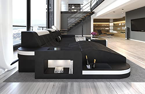 Ledersofa Wave L Form Ecksofa Sofa in Leder - mit LED Beleuchtung, verstellbare Kopfstützen, Recamiere/Lederfarben wählbar/Ausrichtung wählbar (Ottomane Links, Schwarz-Weiß)
