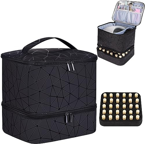 CTWWFS PU Leather Nail Polish Organizer and Nail Lamp Case, Nail Kit Organizer Holds 30+ Bottles (15ml - 0.5 fl.oz) and a Nail Lamp, Nail Polish Carrying Case with Manicure Tools Storage Sections