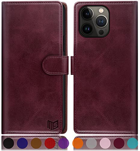 SUANPOT [RFID Schutz für iPhone 14 Pro Max 6.7 Hülle PU Leder Handyhülle Lederhülle Klapphülle Kartenfach Flip Cover für Apple 14 Pro Max Handy hülle Leather Wallet Phone Case Rotwein