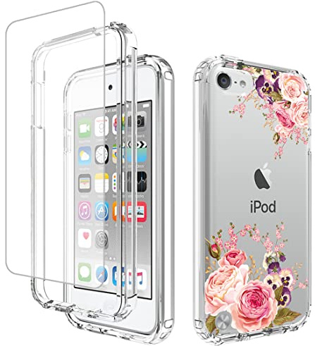 Vavies Schutzhülle für iPod Touch 6 Case/Touch 5/Touch 7 mit Glasbildschirmschutz - Vollständig transparente Flexible hülle mit Blumenmuster Schützende Handyhülle für iPod Touch 7 Rose