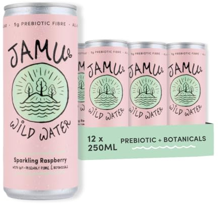 Jamu Wild Water - Pack of 12 - Naturally Flavoured Prebiotic Sparkling Water with Vitamins, Botanicals, and Minerals - 5g Prebiotic Fibre - < 20 Kcals - Zero Sugar - Raspberry Flavour Multipack