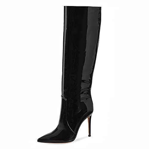 Stivali da Donna al Ginocchio, Stivali Alti A Spillo, Stivali al Ginocchio in Vernice con Tacco Alto A Punta da Donna, Stivali in Pelle con Maniche da Donna (Color : Black, Size : 45 EU)