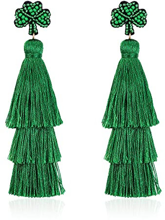 EVER FAITH Grün Quaste Ohrringe für St. Patrick's Day grüne Blatt Boho Gestaffelt Tassel für Damen