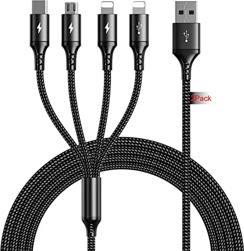 UZAHSK Multi USB Charger Cable 2Pack [4A,10ft ] 4 in 1 USB Fast Charging Cable with IP/Type C/Micro USB Ports Adapter for Phone 17/16/15/14/13/12/11/X/8/7/6/Samsung/Pixel/HTC/LG/Huawei/Sony/Tablets.