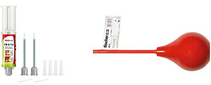 Fischer FILL & FIX Ripara fori Tasselli e Fissaggi su Muro e Legno, Siringa Colla di Montaggio, Include 4 Tasselli a Rete, 51098 & AB K Soffietto per Pulizia Fori Muro per Tasselli
