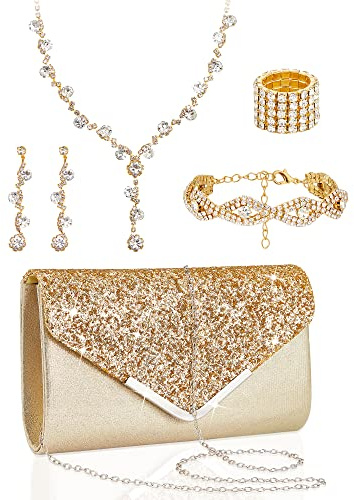 Henoyso 5 Pcs Jewelry Set, Rhinestone Clutch Purse for Prom Gold