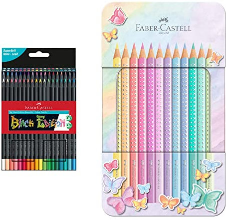 Faber-Castell 116436 - Buntstifte Blackwood, Black Edition, 36er Etui & 201910 - Buntstifte Sparkle Pastell, 12er Metalletui, 12 Stück (1er Pack)