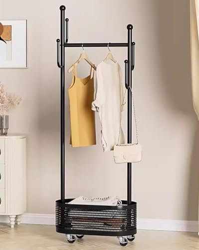 MEYEBP Metall-Garderobe Kleiderstange Kleiderstangen Mit Rädern Und Aufbewahrungskorb, 2-in-1 Standgarderobe Eckgarderobe, Bewegliche Schlafzimmer-Garderobe, Gold/blau/weiß/schwarz