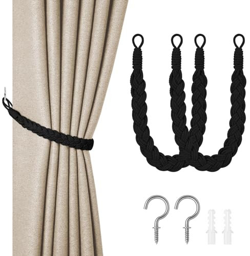 HOTUT Vorhang Raffhalter, 2 Stück Curtain Rope Buckle, Handgestrickte Vorhang-Raffhalter, Vorhangbinder, Gardinen Raffhalter für Haus Office, Wohnzimmer, Schlafzimmer-Schwarz