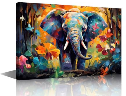 TISHIRON Wohnzimmer-Wanddekoration, Elefant, Ölgemälde, Leinwand, Wandkunst, Idee für Kinderzimmer, Wanddekoration, Poster, Holzrahmen, Drucke für Bauernhaus, Heimdekoration, 30,5 x 45,7 cm