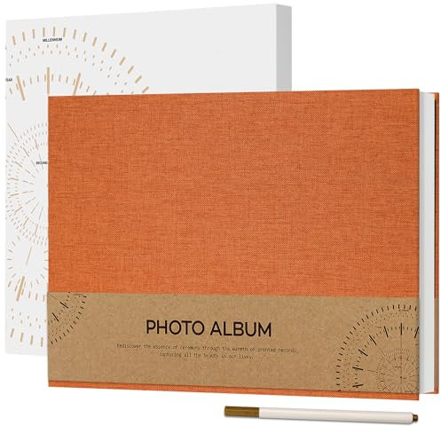 Vienrose Selbstklebend 10x15 Fotoalbum zum Selbstgestalten und Einkleben, Klein Leinen Fotobuch 60 weißen Seiten, Jahrestag Fotoalben mit Einem Kugelschreiber, 21,5x30cm, Orange
