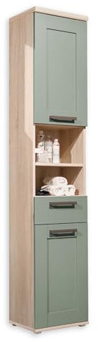 BERGEN Badezimmer Hochschrank in Sonoma Eiche Optik, Schilfgrün - Badezimmerschrank Bad Schrank mit viel Stauraum - 38 x 190 x 32 cm (B/H/T)