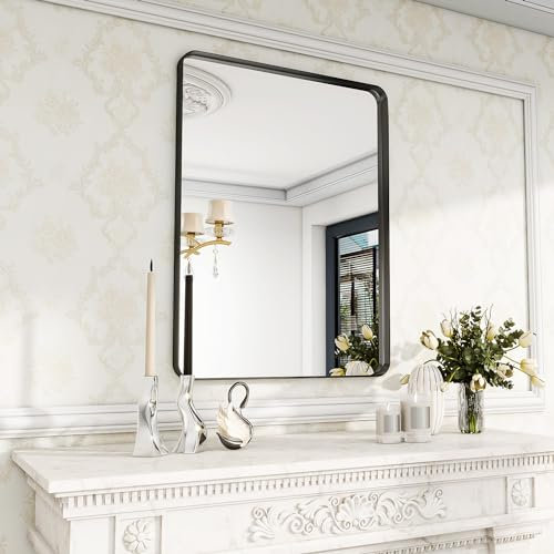 Koonmi Tiefer Rahmen Wandspiegel, 75 x 55 cm Luxus High-End Rechteckiger Badezimmerspiegel, Filetierte Ecke Rahmen Spiegel Horizontal Oder Vertikal Aufgehängt, Schwarz
