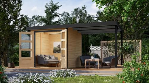 CHILLROI® Hybrid Gartenhaus Hollywood inkl. Fußboden optional mit Anbau Gartenlaube Geräteschuppen Gartenhütte (Naturbelassen mit Anbau)