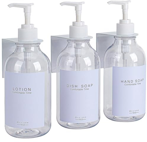 GOYISEE Douche Mur 3 Chambre shampooing et revitalisant Distributeur, Bouteille Rechargeable de shampooing et revitalisant avec étiquette imperméable à l'eau (3 Bottles 3 Wall Mounts-Clear)