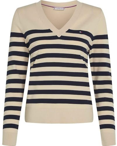 Tommy Hilfiger Damen Pullover Jersey Stitch V-Neck Strickpullover, Mehrfarbig (Her STP Dark Night Navy/Country Iv), XS