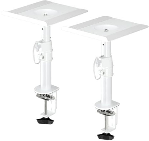 suptek Clamp-on Speaker Stand Desk Mount Set, 9.6 x 8.8 inch Trays, Height Adjustment and Tilt, Universal Audio Holders for Computer and Bookshelf Speakers, Elevated Sound, 2 Pack, White, SDM001W