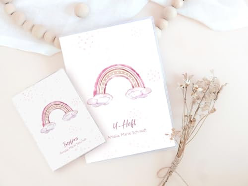 Personalisierte U-Heft Hülle und Impfpass Set Regenbogen mit Namen und Datum, Geschenk zur Geburt oder Babyparty, transparente Schutzhülle 3-teilig mit bedrucktem Papiereinleger