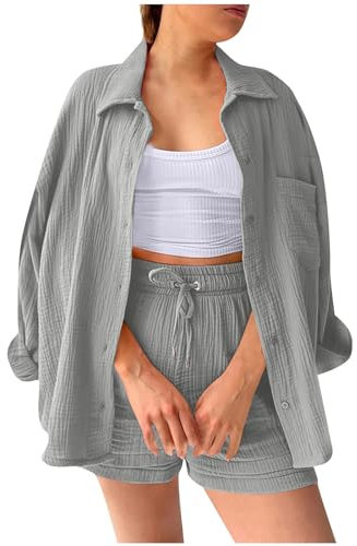 2 Teiler Damen Sommer,Leinen Set Damen,Zweiteiler Damen Elegant Sommer Musselin Bluse Hemd und Shorts Clothes Aesthetic Zweiteiler Lounge Set Strand Outfit Set Two Piece Set Women,grau,M
