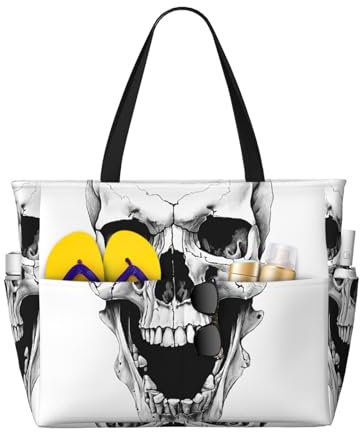 Gfhwpxcnb Strandtasche mit Horror-Totenkopf-Aufdruck, wasserdichte Strandtasche, Schultertasche mit Reißverschluss, für Reisen, Shopping, Pool, Fitnessstudio, Schwarz , Einheitsgröße