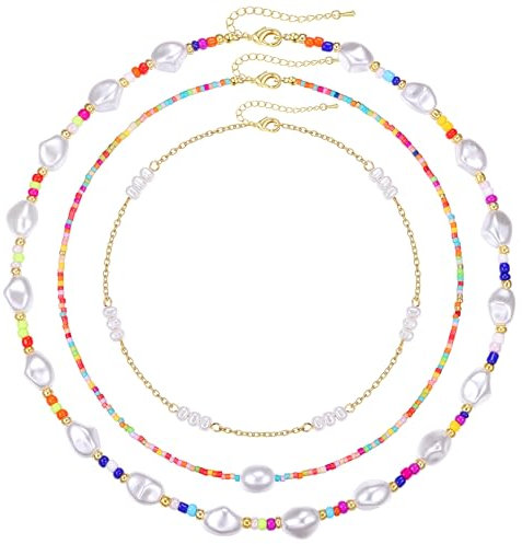 Krfy Damenmode Halskette Set - Boho Choker Kette Einmalig Bunte Perlenkette - 18 K Gold Damen Kette
