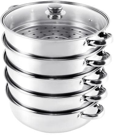 KayEsampra - Olla de vapor de acero inoxidable, con tapa de cristal, 5 etapas 30 cm, utensilios de cocina, cacerola, placa de inducción, vaporizador para dumplings, plata