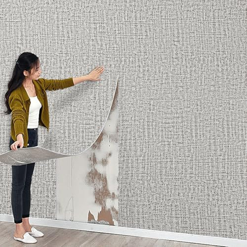 Pamatio 3MM Thickened Thermal Insulation Wall Sticker, Grey Self-Adhesive Wallpaper Linen Texture 50CM x 2.8M Peel and Stick XPE Foam Waterproof Soft Wallstickers, for Bedroom Living Room