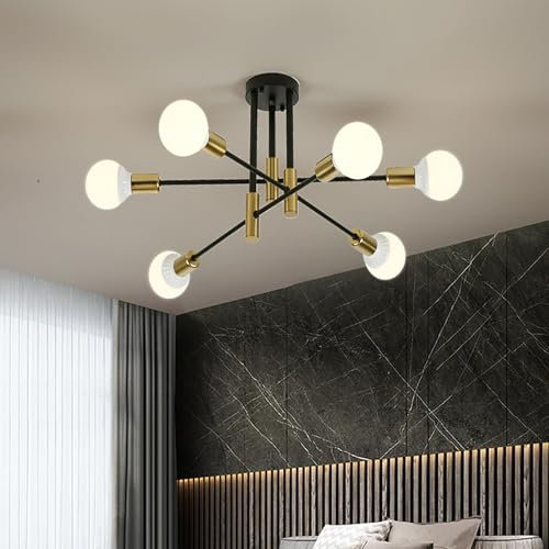 Sputnik Kronleuchter E27 Industrielle Deckenleuchte 6 Lichter DIY Vintage Metall Pendelleuchte Schwarz und Gold Deckenleuchte für Wohnzimmer Küche Schlafzimmer Esszimmer Loft