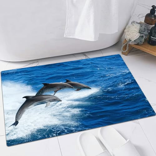 FSDGY Badvorleger Fußmatte Flauschig Teppich Badezimmerteppich Duschmatte für Bade & Wohnzimmer Schlafzimmer,Baby-Meerestier Delphin springt aus dem Meer,40x60 cm