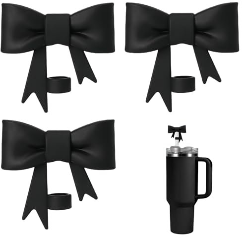 3Pcs Bow Shaped Straw Cover,10mm Reusable Silicone Straw Topper,Dust-Proof Straw Tips Lids,Bow Straw Topper,Bow Straw Cover,Reusable Drinking Straw Protector,Straw Cover Suitable for Camping(Black)