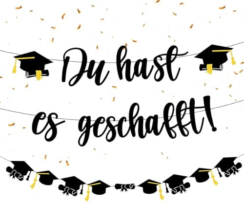 Graduation Deko Girlande Schwarz, Du hast es geschafft Banner, Abschluss Deko Banner Papier, Abschlussfeier Graduation Party Deko für Abitur, Bachelor und Master Abschlussfeiern