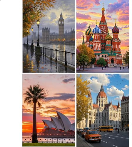 JISHSHAY 4er Set Diamond Painting Steine Rund Stadt 30×40cm Diamant Painting Runde Steine Diamant Malerei Diamaond Malerei Diamantmalerei Mosaik Bastelset Erwachsene London Moscow Sydney Budapest