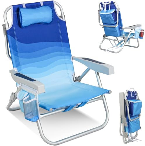Join Nature Strandstuhl Klappbar Leicht – 5-Fach Verstellbarer Campingstuhl mit Kühltasche, Kopfstütze, Seitentaschen, Handtuchhalter, Schultergurten & Armlehnen – Belastbar bis 136 kg – Wellenblau
