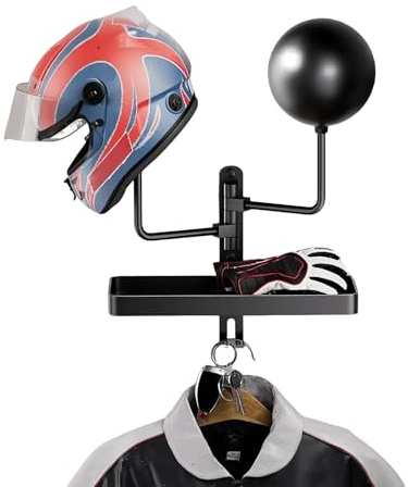 Billowvolve Dual Ball Wandmontierter Helmhalter 180 ° Rotationshilm Helmhalterung Wand, mit Haken Aufbewahrungskorb，3-in-1 Wandhalterung für Motorradhelme, Jacken, Handschuhclips