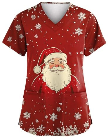 Celucke Women's Christmas Graphic Print Scrubs Tops, Workwear Uniform Tunics Nurse Uniforms Beauty V-Neck Short Sleeve Santa Claus Healthcare Tunic Tops, Working Uniforms Adult Workwear Multi-Pocket