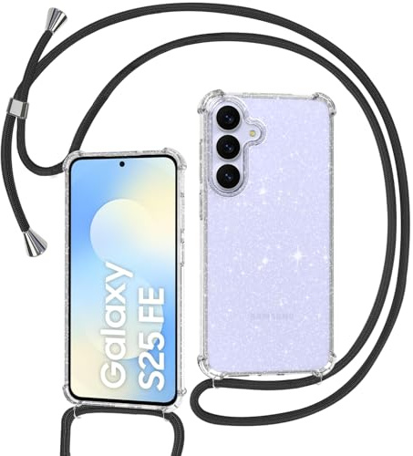 Tikgue Handykette für Samsung Galaxy S25 FE 5G Hülle mit Band, Handyhülle mit Kordel zum Umhängen Schutzhülle mit Kette Glitzer Transparent Weich TPU Silikon Bumper - Schwarz