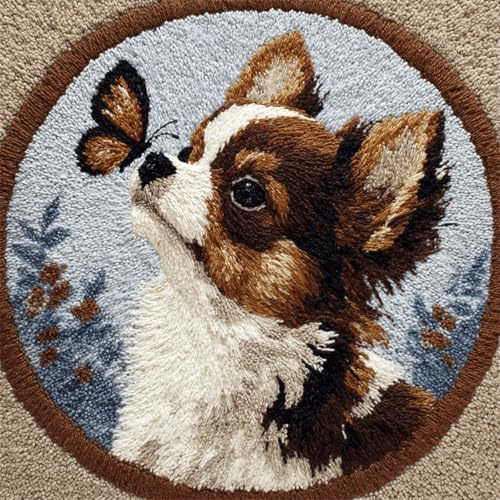 Wallphantom Knüpfteppich Zum Selber Knüpfen-Sets,Chihuahua und Schmetterling,Diy-Knüpfteppich-Set Für Anfänger,Unfertiger Häkelteppich，Stickteppich,Heimdeko Geschenk,50x50cm