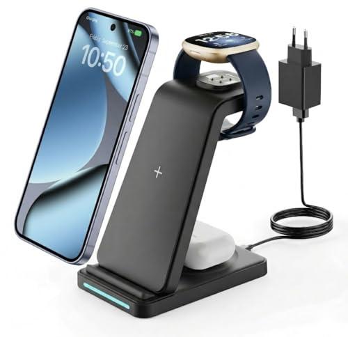 GEEKERA 3 in 1 Induktive Ladestation für Google, Induktiveladegerät für Google Pixel Watch 3/2/Fitbit Versa 4/3/Sense 2/Sense, Kabelloses Ladegerät für iPhone/Pixel/Samsung Handys, Mattschwarz
