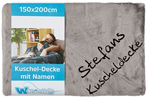 Wolimbo Kuscheldecke mit Namen - 200 x 150cm - Silber - für Erwachsene und Kinder - Wohndecke Sofadecke nach Wunsch Bestickt