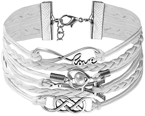 JewelryWe Schmuck Freundschaft Armband, Vintage Perle Herz Eiffelturm Love Infinity Unendlichkeit Zeichen Leder Legierung Seil Charm Armreif Wickelarmband, Weiß Silber
